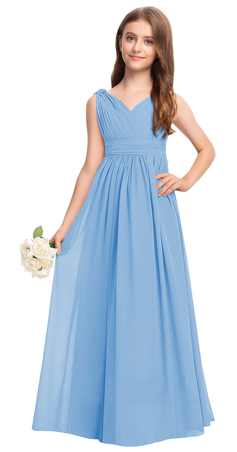 Sky Blue V-neck chiffon junior bridesmaid dress, floor-length wedding party gown