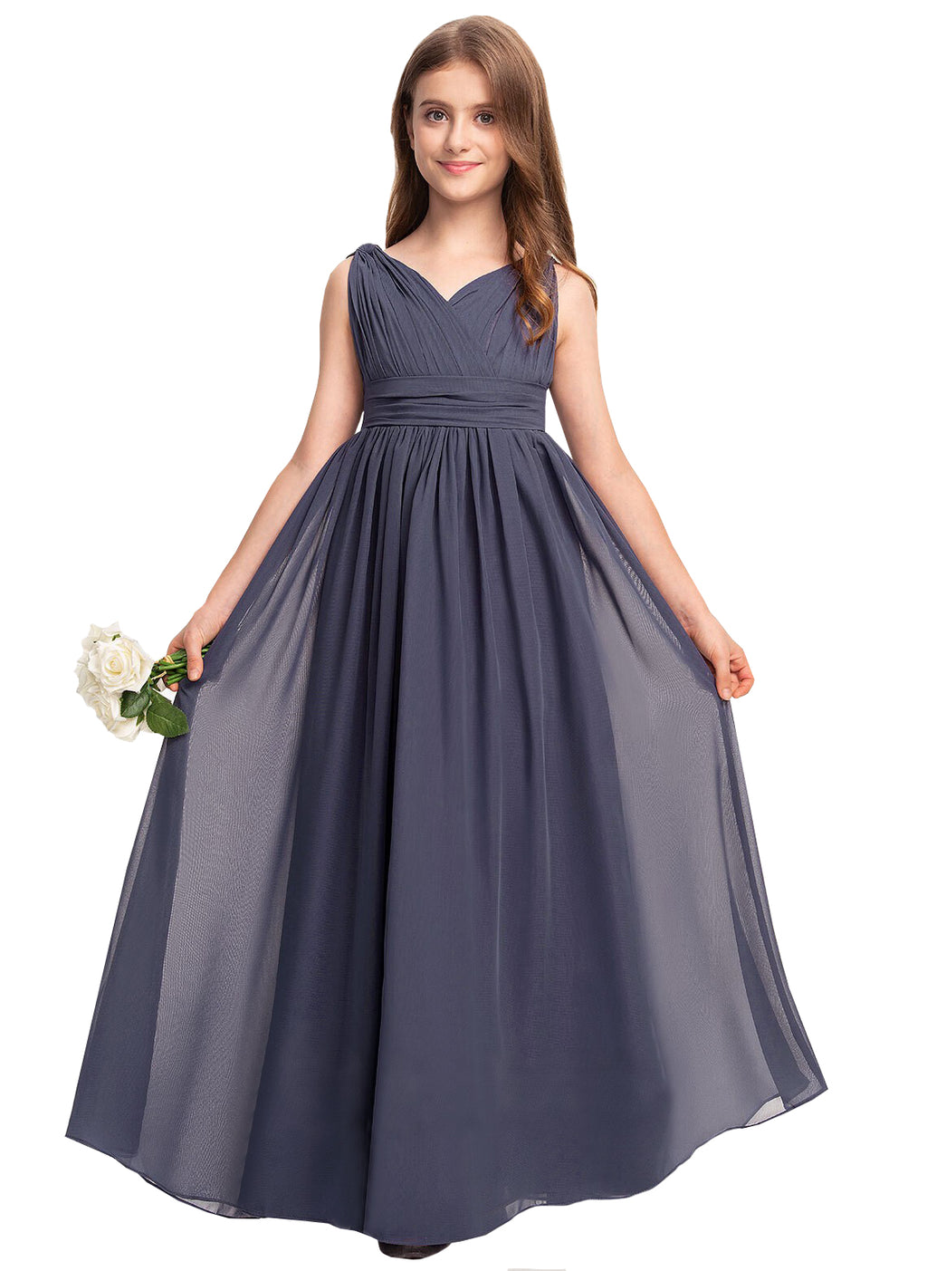 Stormy V-neck chiffon junior bridesmaid dress, floor-length wedding party gown