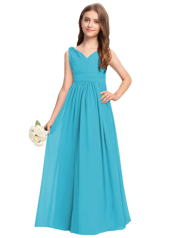 Tade V-neck chiffon junior bridesmaid dress, floor-length wedding party gown
