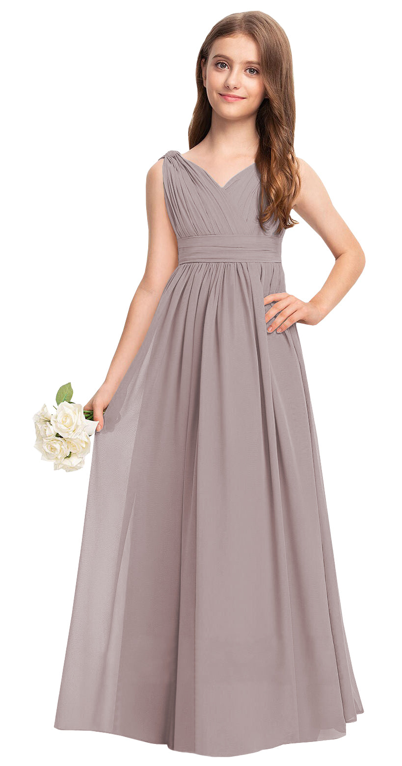 Taupe V-neck chiffon junior bridesmaid dress, floor-length wedding party gown