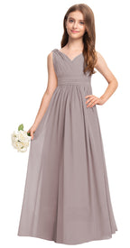 Taupe V-neck chiffon junior bridesmaid dress, floor-length wedding party gown