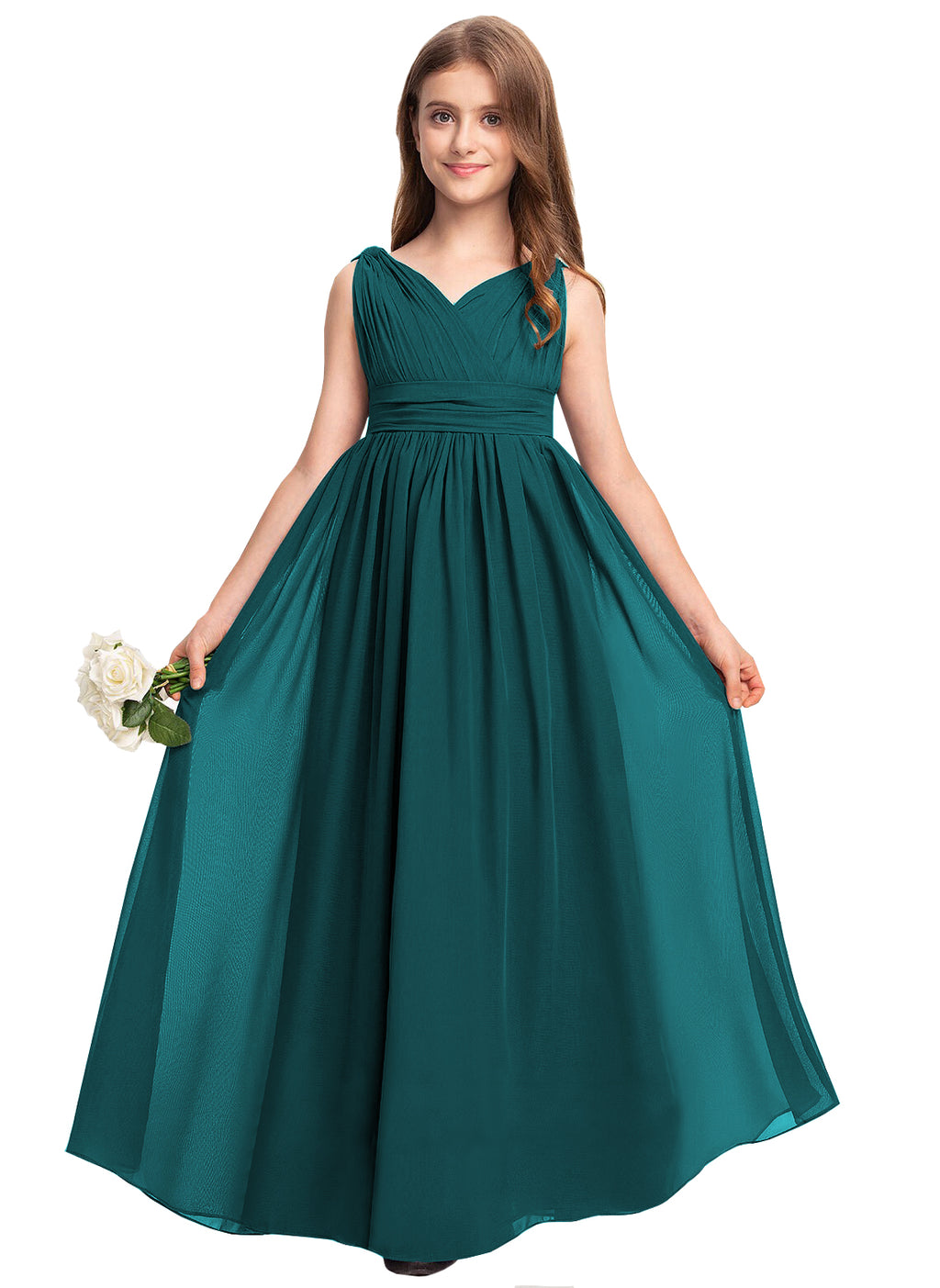 Teal V-neck chiffon junior bridesmaid dress, floor-length wedding party gown