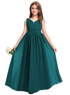Teal V-neck chiffon junior bridesmaid dress, floor-length wedding party gown