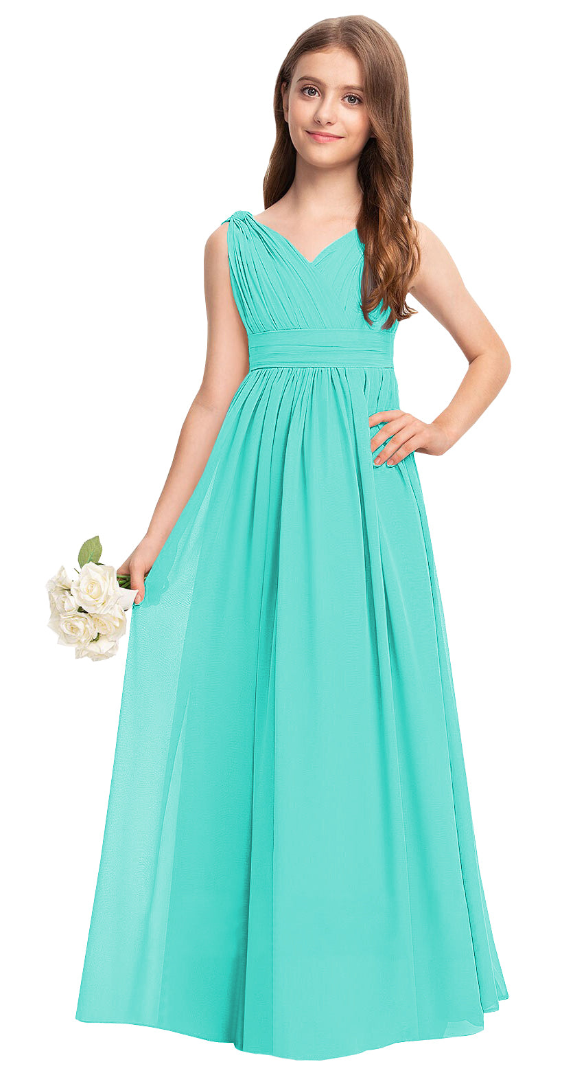 Turquoise V-neck chiffon junior bridesmaid dress, floor-length wedding party gown