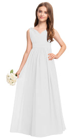 White V-neck chiffon junior bridesmaid dress, floor-length wedding party gown