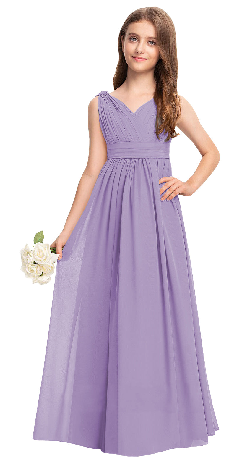 Wisteria V-neck chiffon junior bridesmaid dress, floor-length wedding party gown