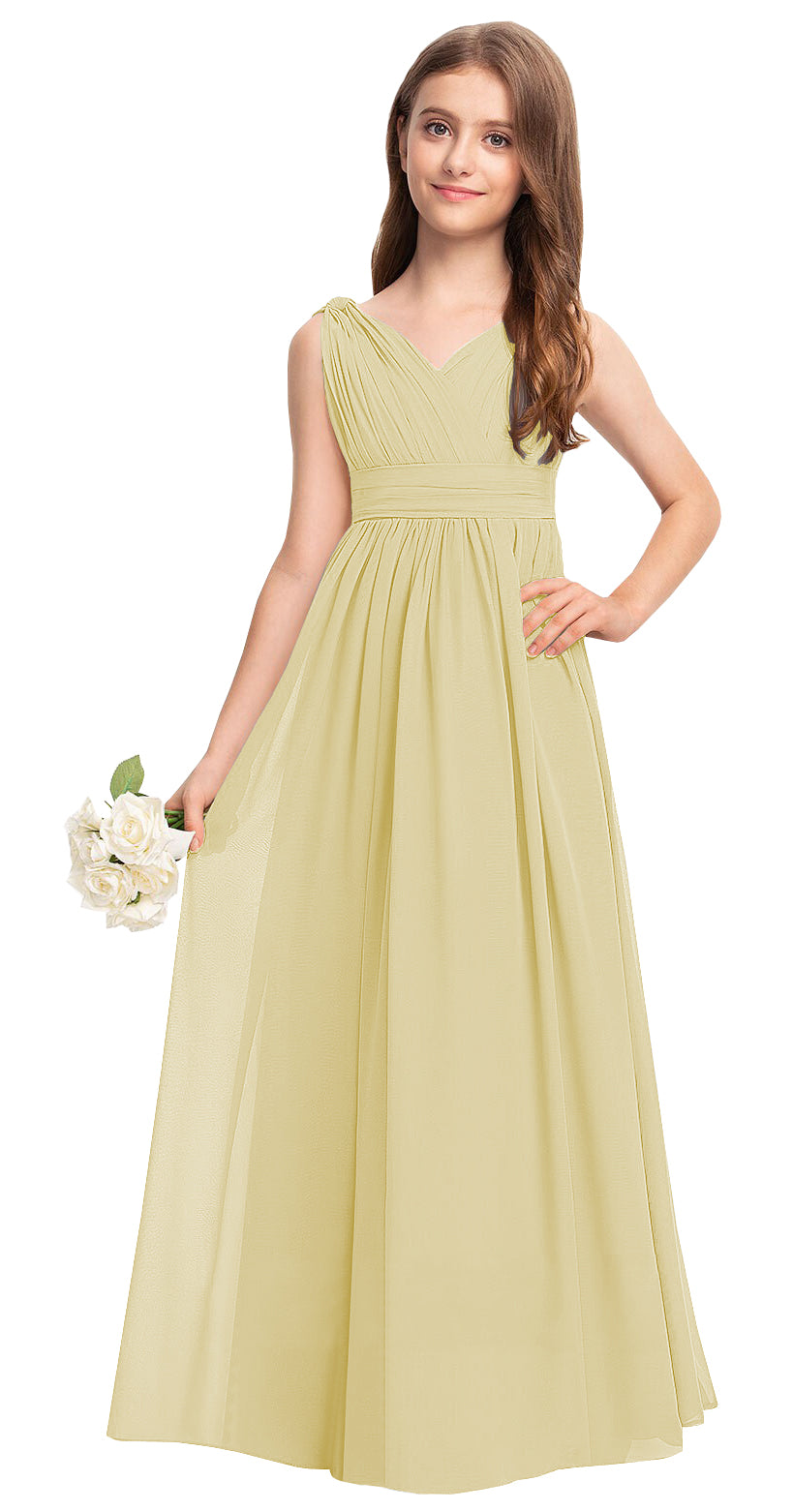 Yellow V-neck chiffon junior bridesmaid dress, floor-length wedding party gown