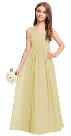 Yellow V-neck chiffon junior bridesmaid dress, floor-length wedding party gown