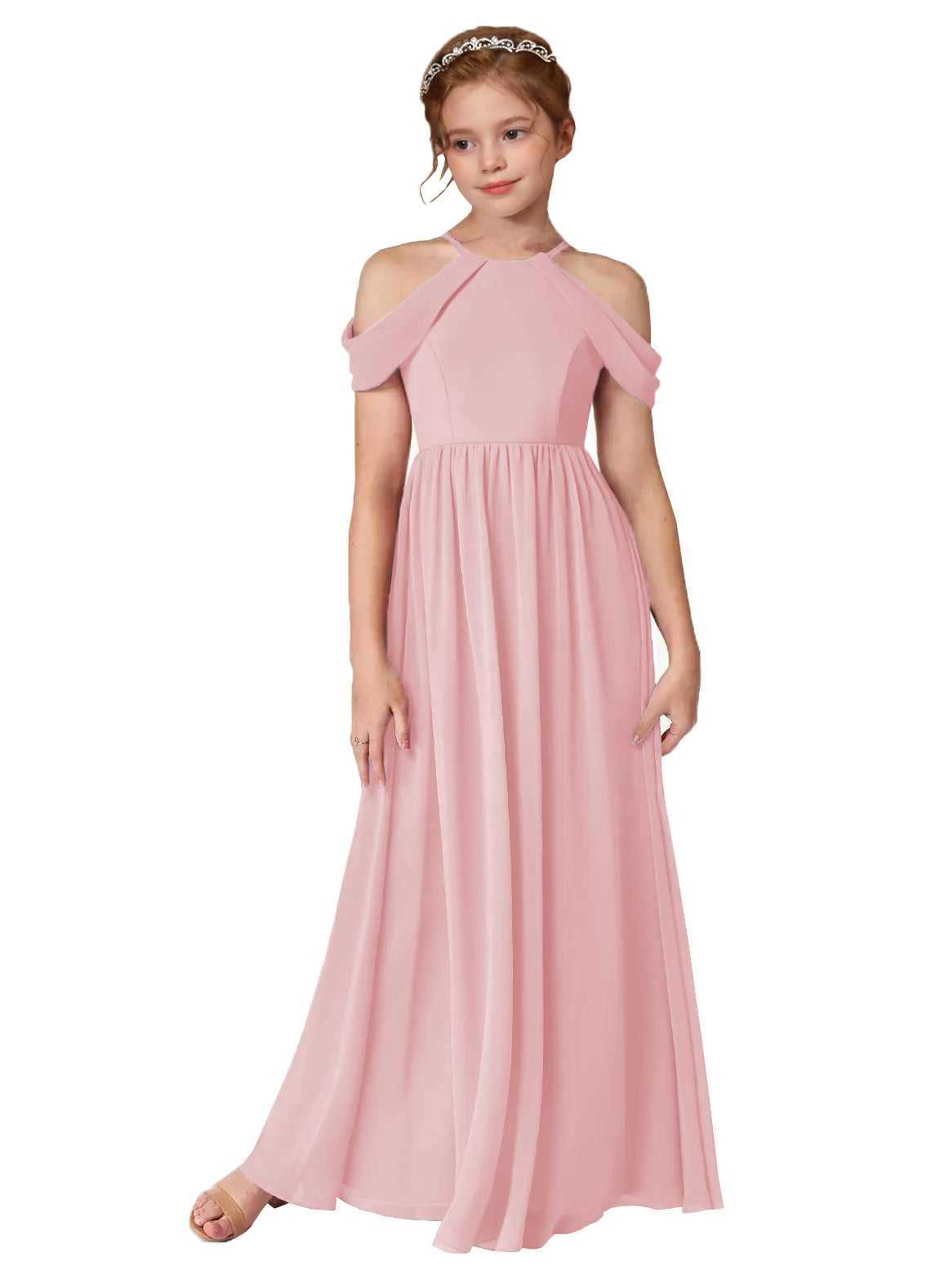 Baby Pink girls' off-the-shoulder chiffon junior bridesmaid dress for weddings
