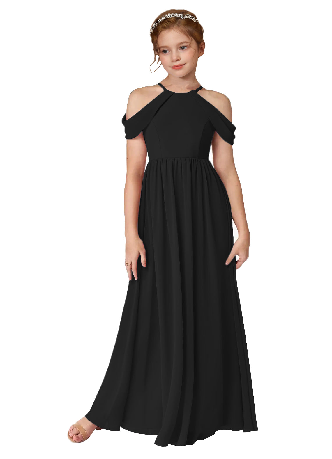 Black girls' off-the-shoulder chiffon junior bridesmaid dress for weddings