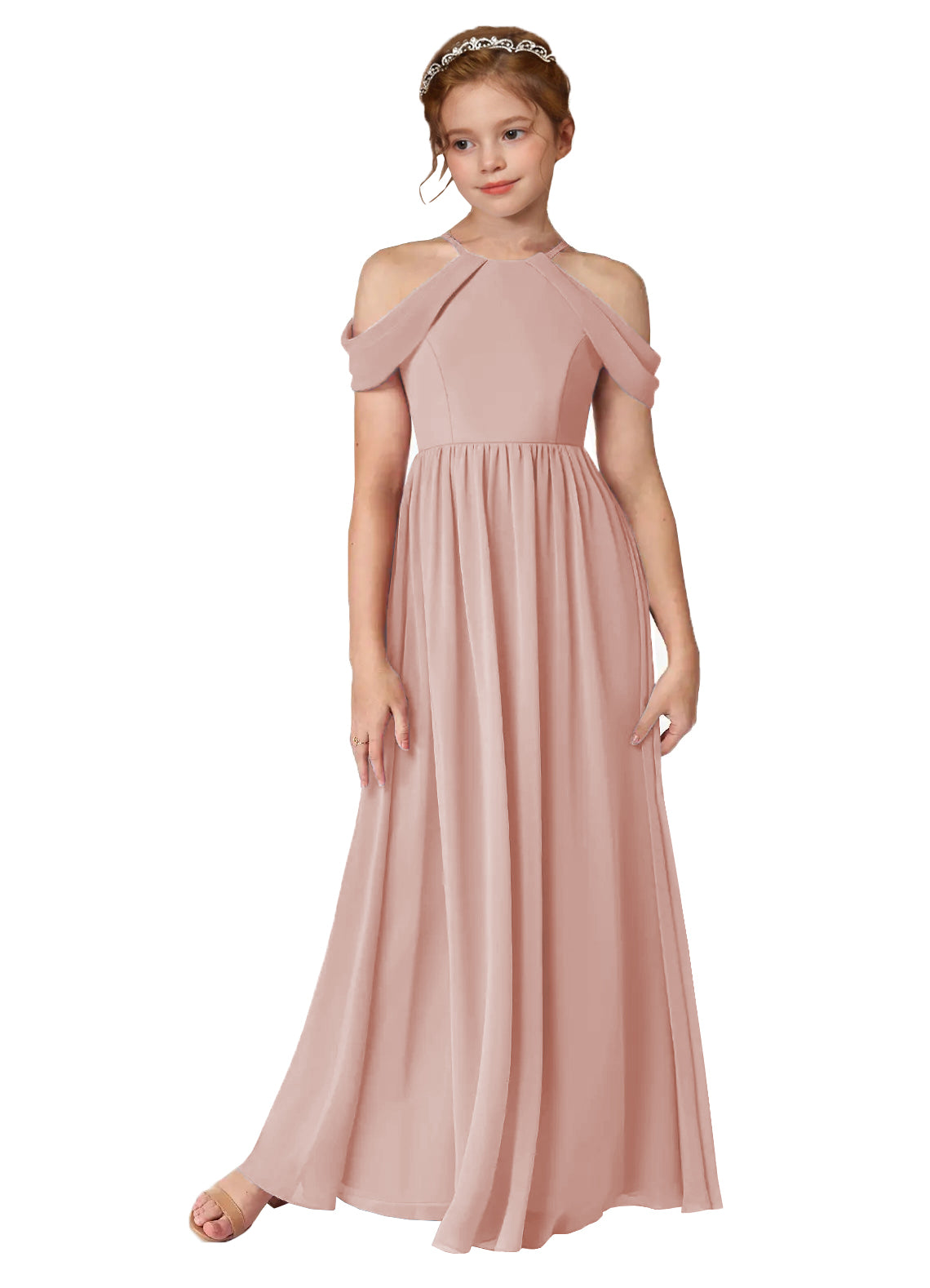 Girls' Off-the-Shoulder Chiffon Floor-Length Junior Bridesmaid Dress #BRI10002