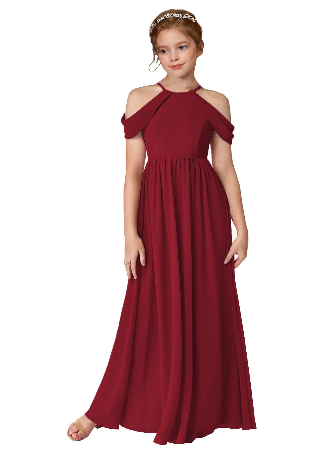 Burgundy girls' off-the-shoulder chiffon junior bridesmaid dress for weddings