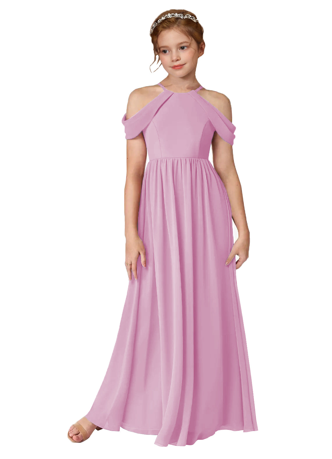 Girls' Off-the-Shoulder Chiffon Floor-Length Junior Bridesmaid Dress #BRI10002