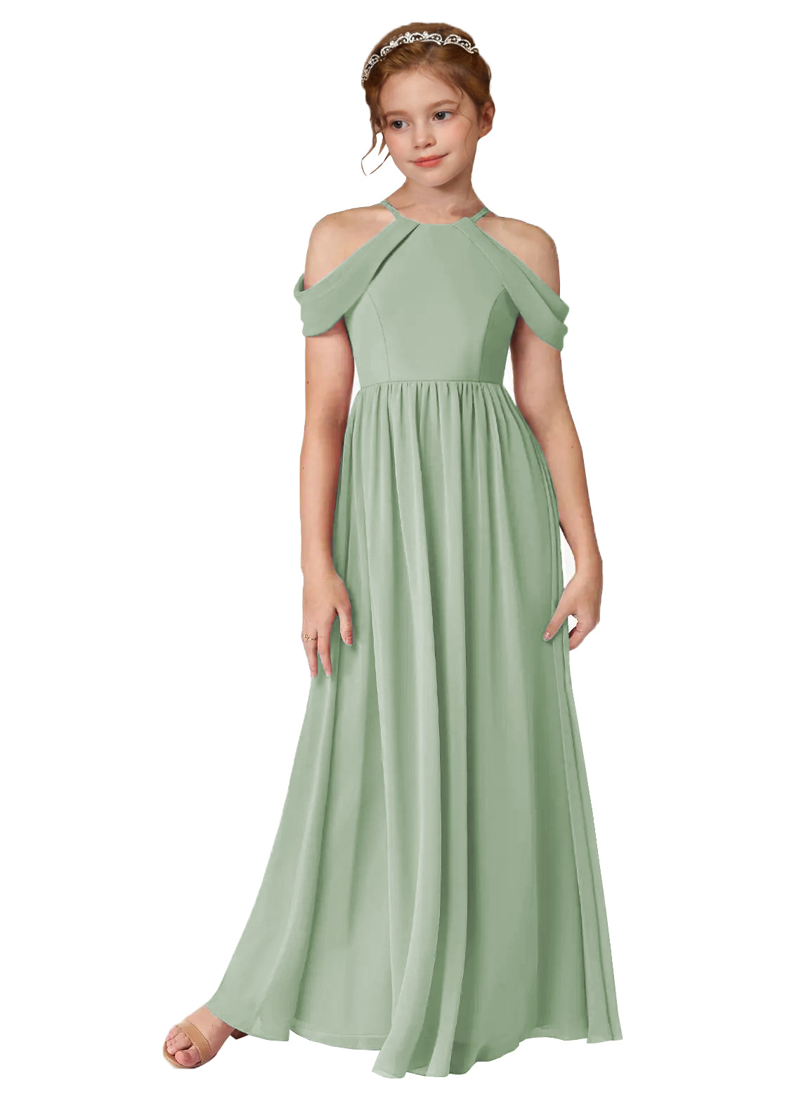 Celadon girls' off-the-shoulder chiffon junior bridesmaid dress for weddings