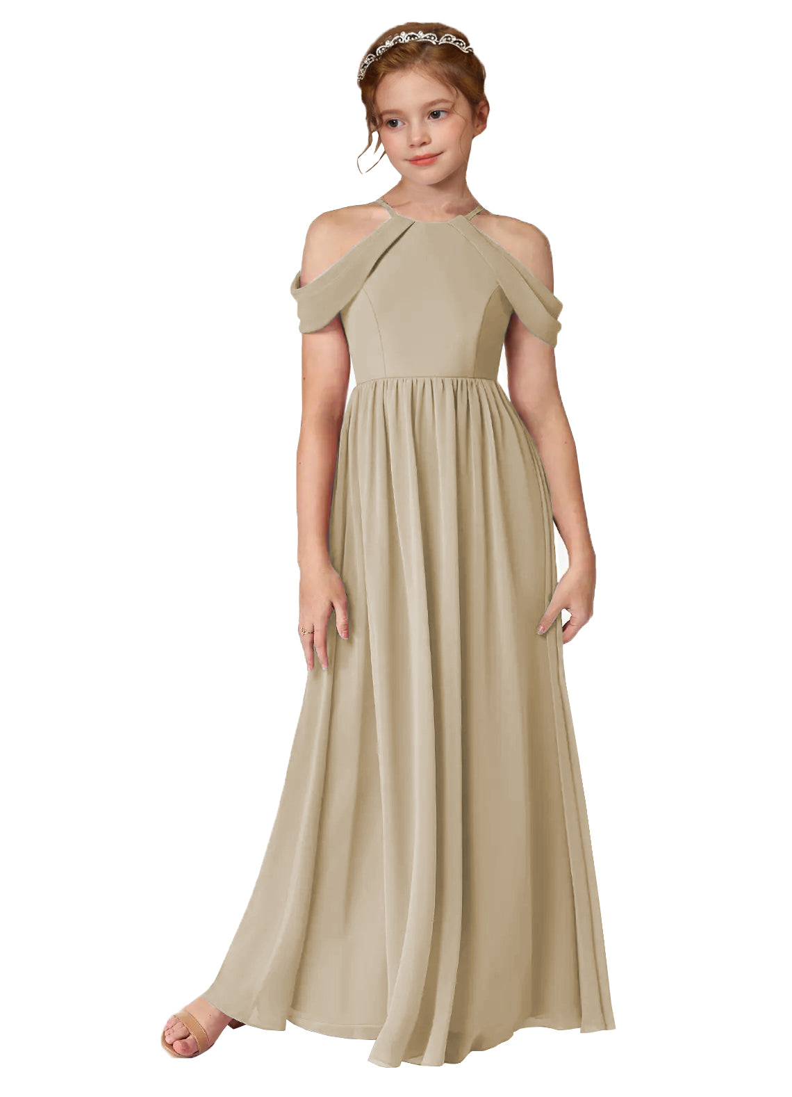 Champagne girls' off-the-shoulder chiffon junior bridesmaid dress for weddings