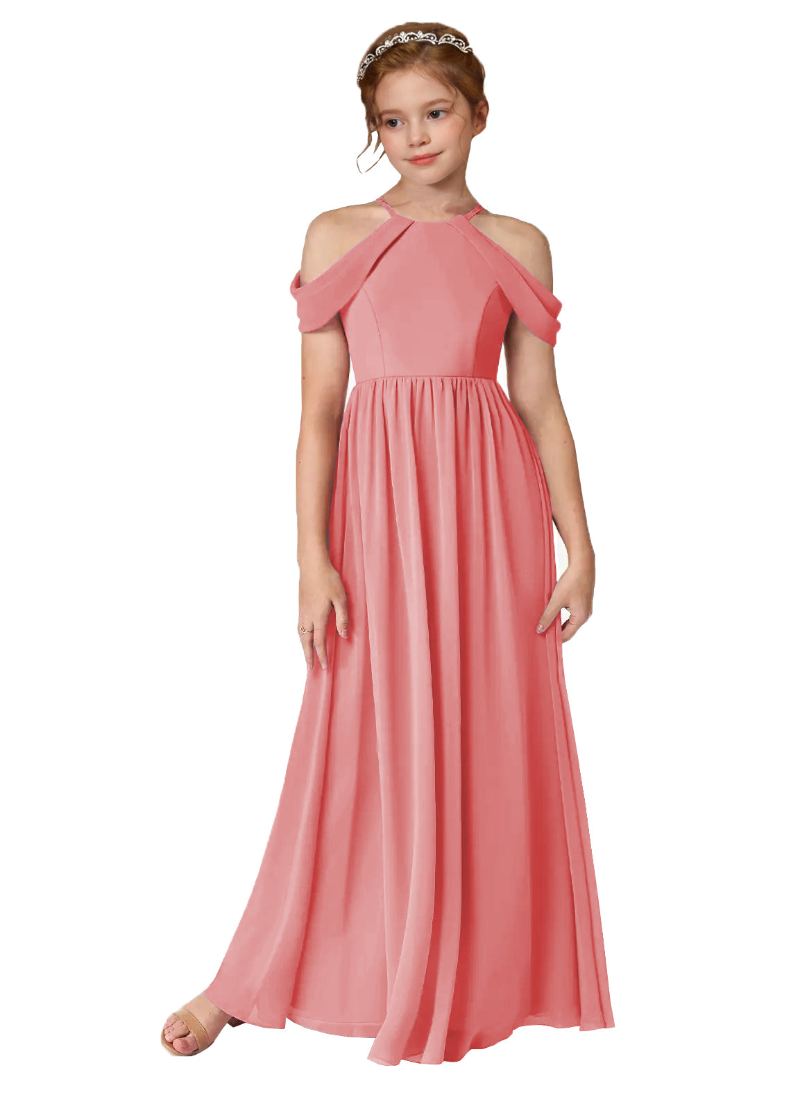 Coral girls' off-the-shoulder chiffon junior bridesmaid dress for weddings