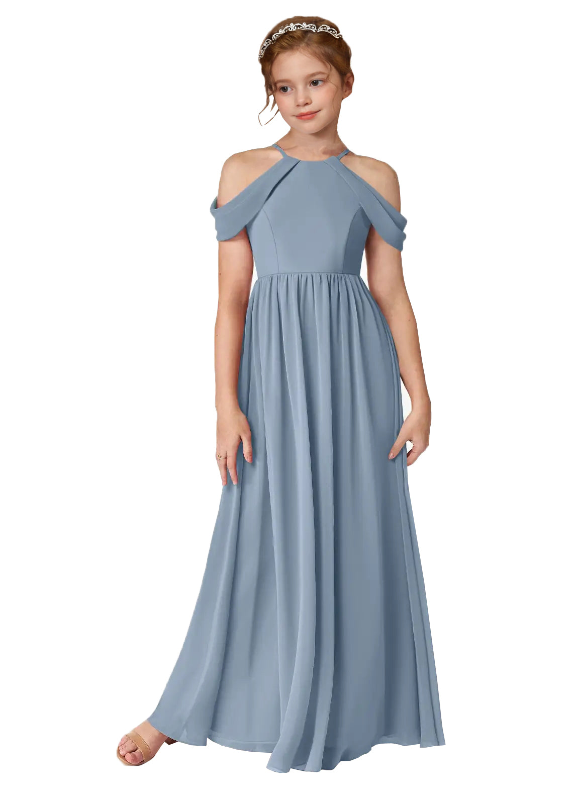 Dusty Blue girls' off-the-shoulder chiffon junior bridesmaid dress, full-length front view on white background