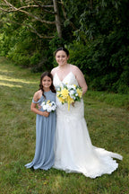 Dusty Blue girls' off-the-shoulder chiffon junior bridesmaid dress, outdoor wedding party scene