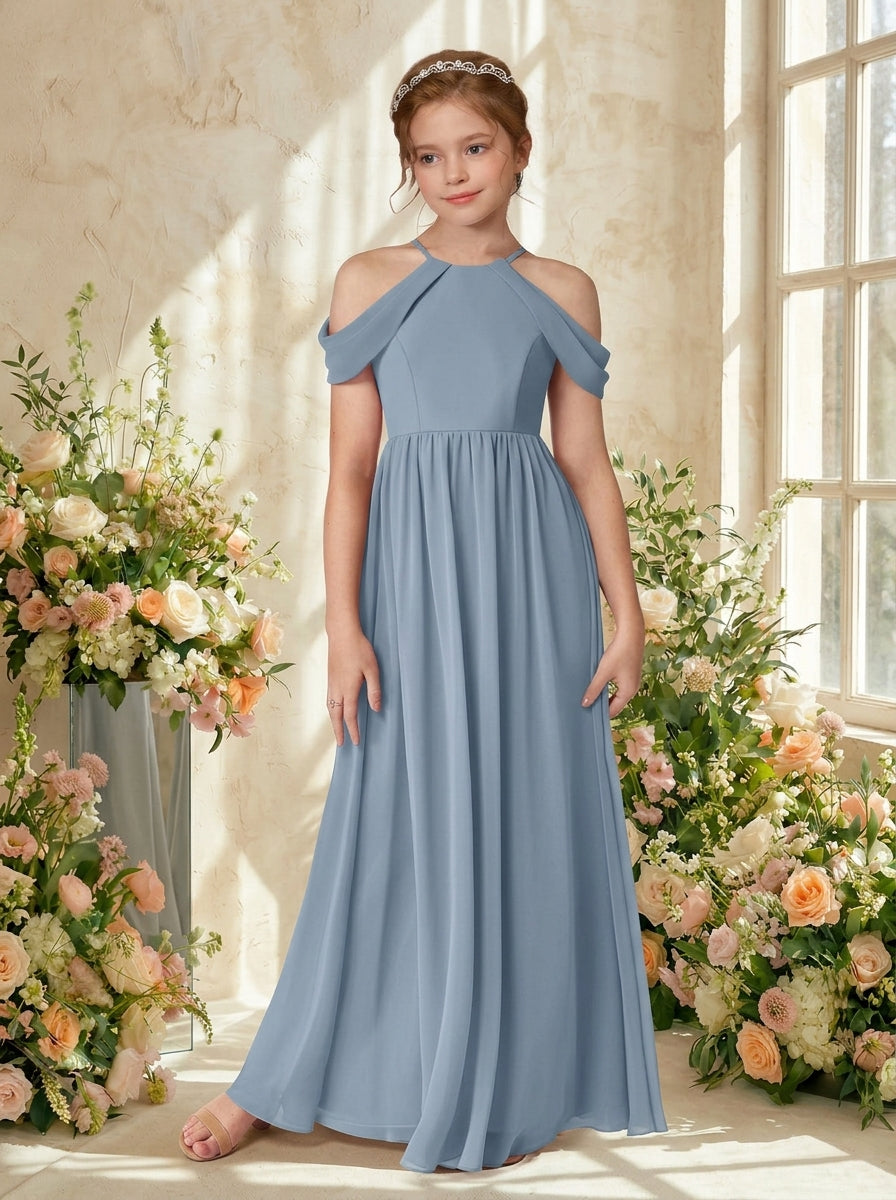 Dusty Blue girls' off-the-shoulder chiffon junior bridesmaid dress, full-length indoor front view