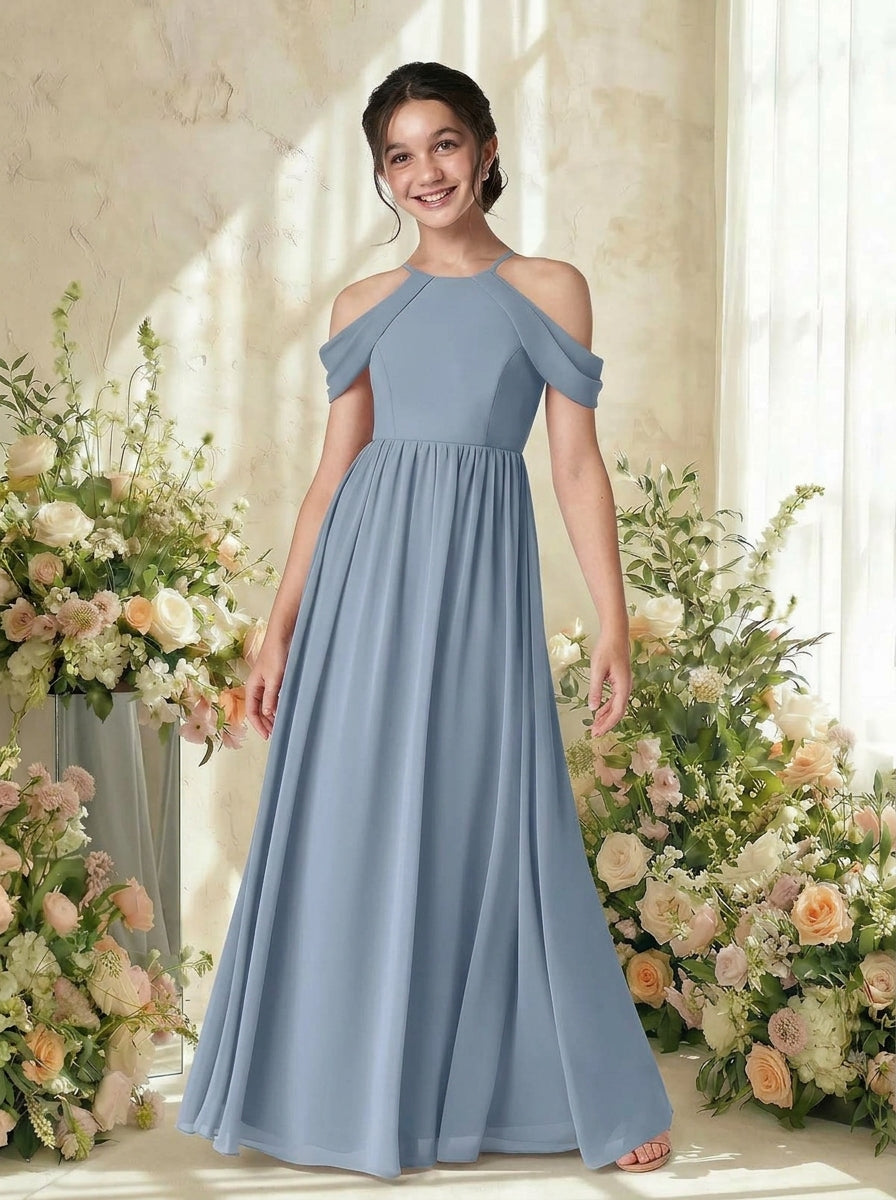 Dusty Blue girls' off-the-shoulder chiffon junior bridesmaid dress, elegant indoor wedding look