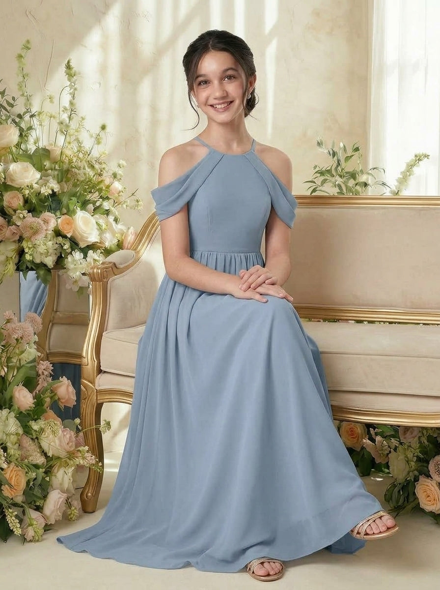 Dusty Blue girls' off-the-shoulder chiffon junior bridesmaid dress, seated lifestyle view