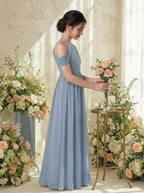 Dusty Blue girls' off-the-shoulder chiffon junior bridesmaid dress, side profile view