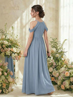 Dusty Blue girls' off-the-shoulder chiffon junior bridesmaid dress, back three-quarter view