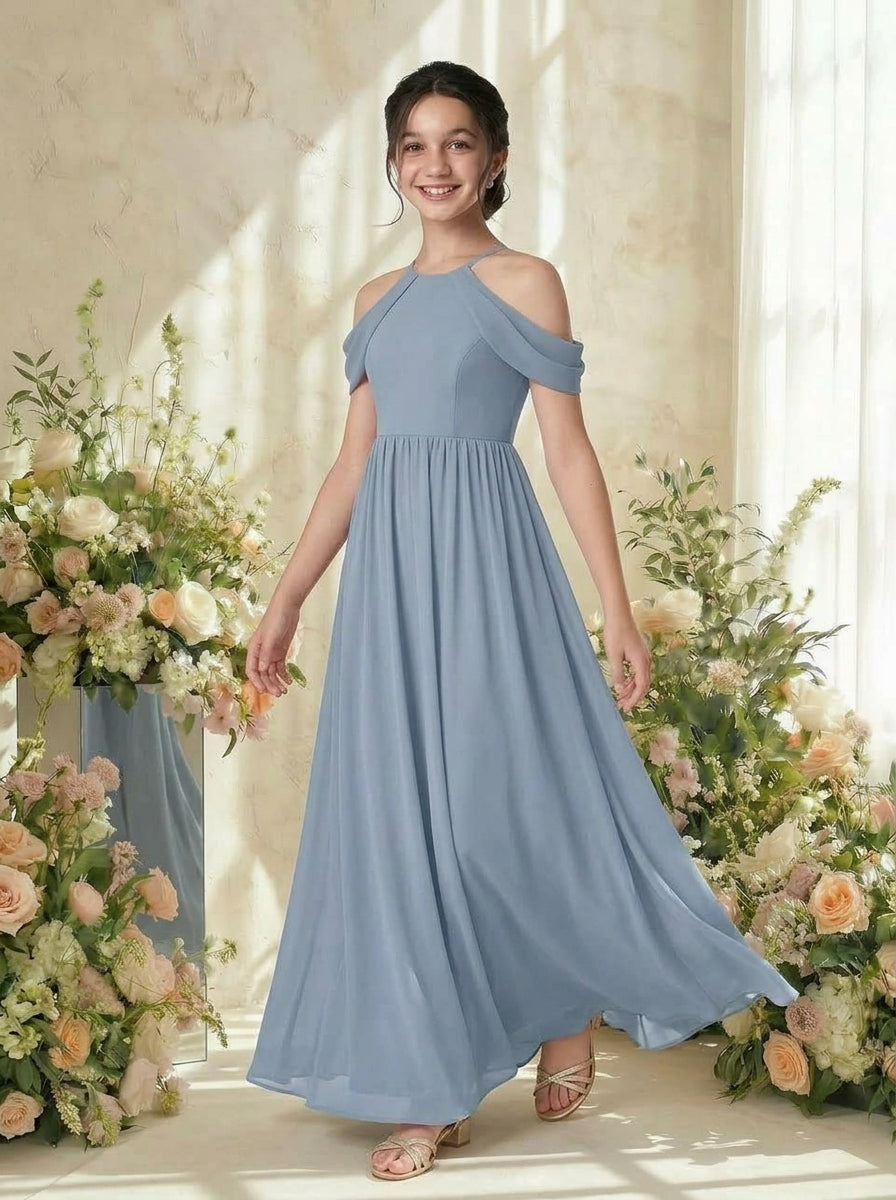 Dusty Blue girls' off-the-shoulder chiffon junior bridesmaid dress, walking lifestyle view