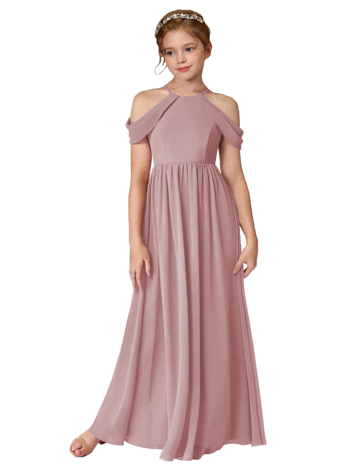 Dusty Pink girls' off-the-shoulder chiffon junior bridesmaid dress, full-length front view on white background