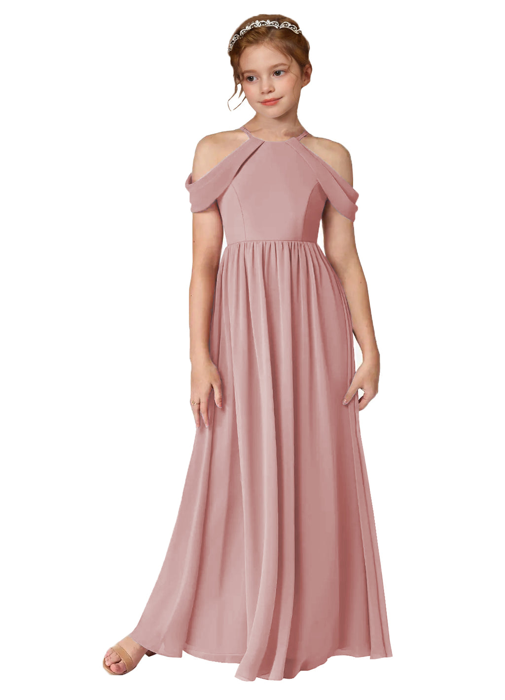 Dusty Pink girls' off-the-shoulder chiffon junior bridesmaid dress, alternate full-length front view