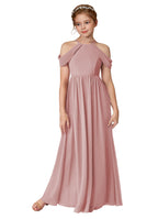 Dusty Pink girls' off-the-shoulder chiffon junior bridesmaid dress, alternate full-length front view
