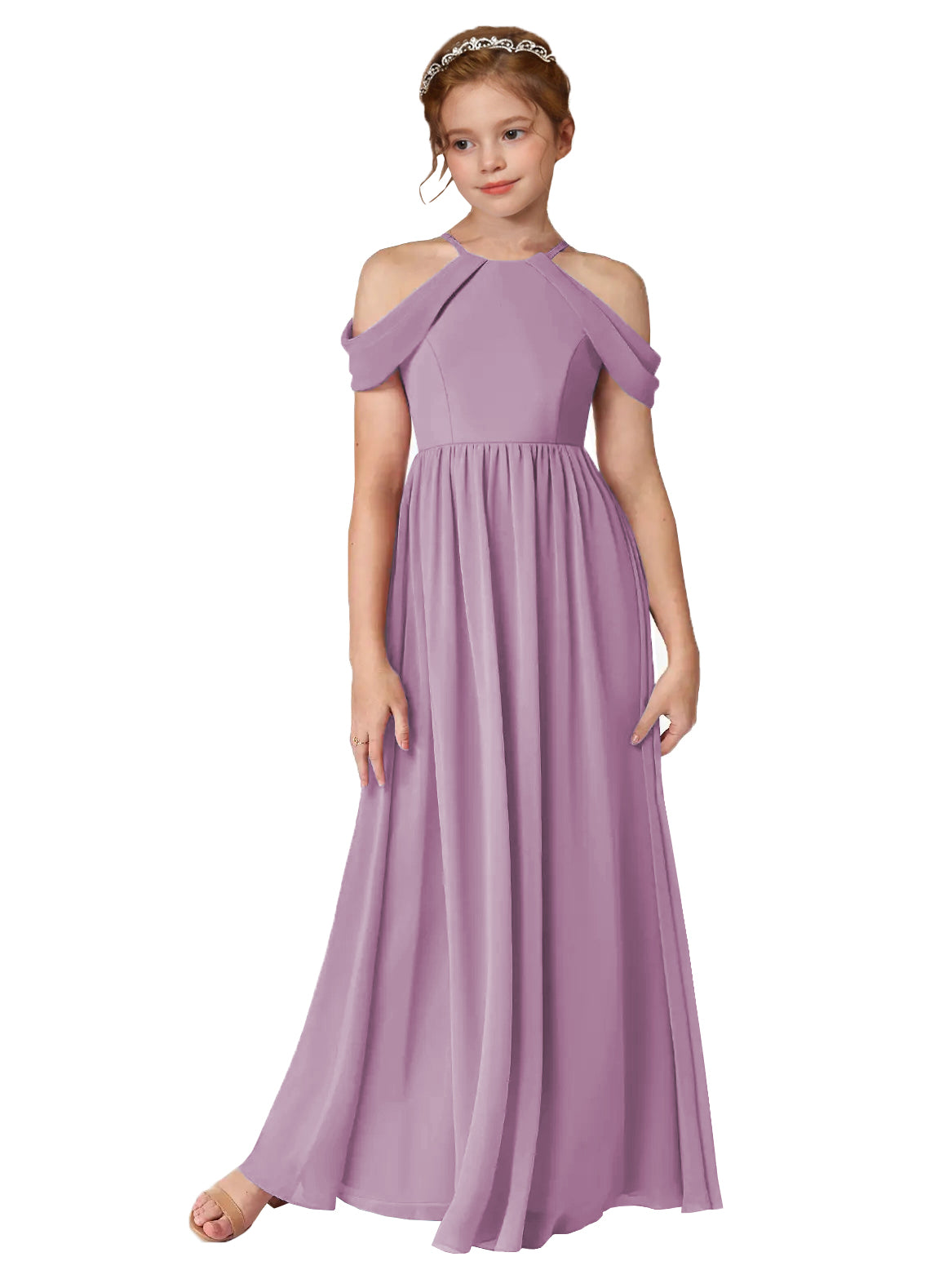 Dusty Purple girls' off-the-shoulder chiffon junior bridesmaid dress for weddings