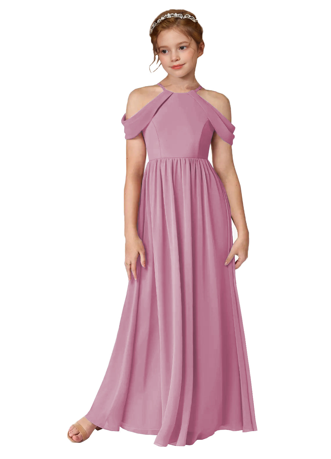 Dusty Rose girls' off-the-shoulder chiffon junior bridesmaid dress, full-length front view on white background