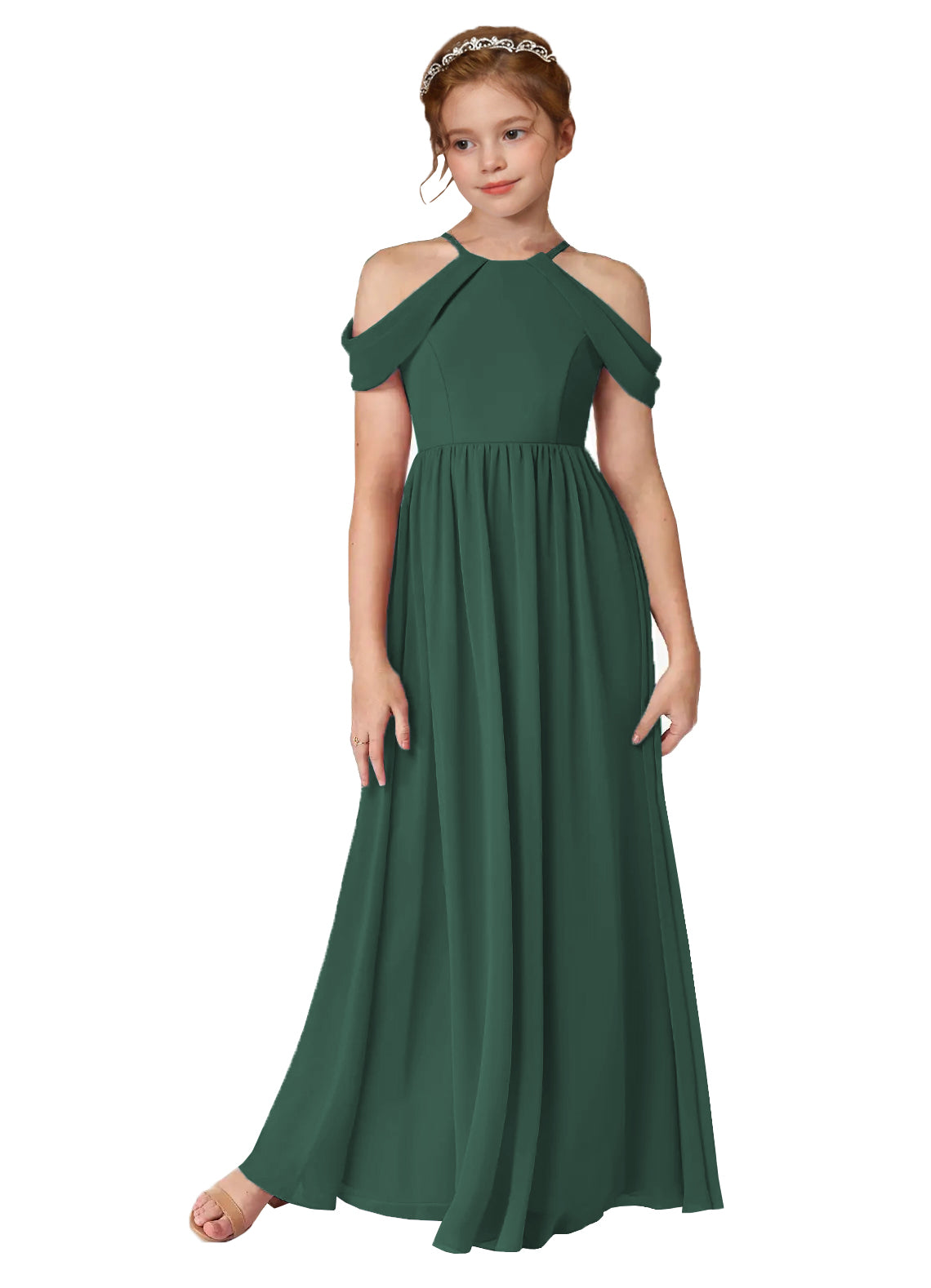 Emerald Green girls' off-the-shoulder chiffon junior bridesmaid dress for weddings
