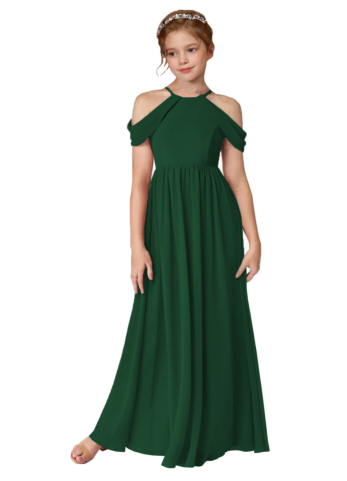 Green girls' off-the-shoulder chiffon junior bridesmaid dress for weddings
