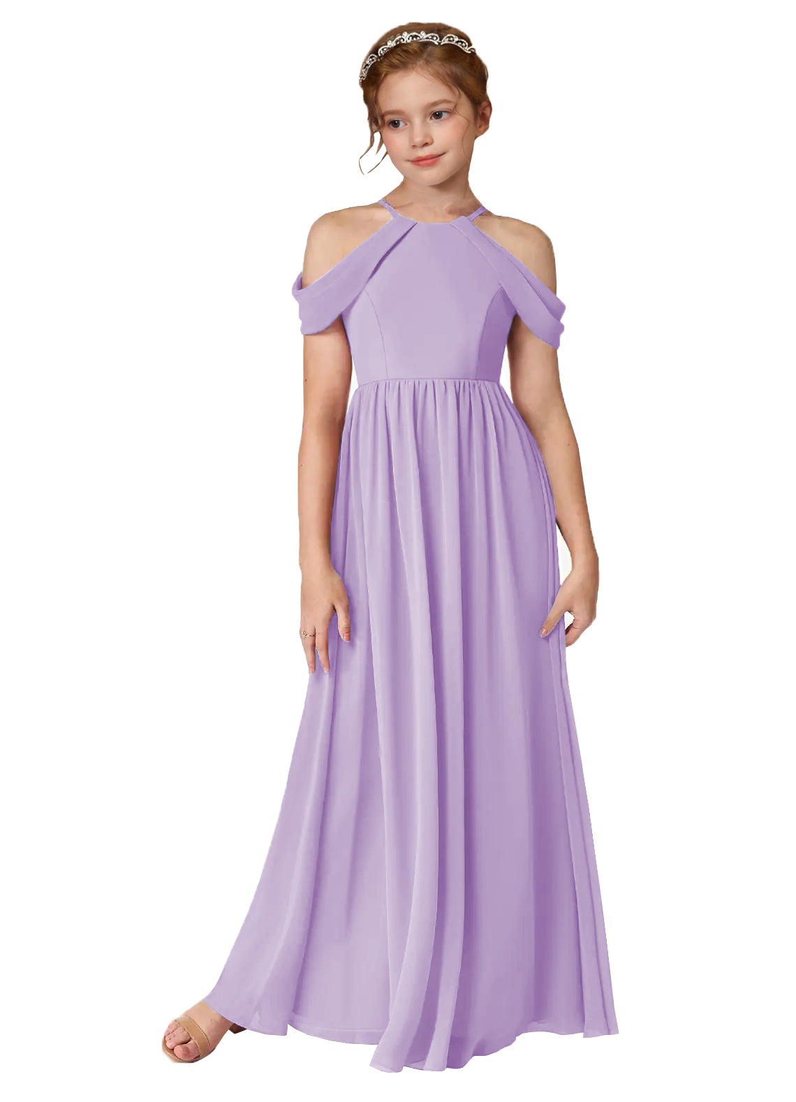 Lavender girls' off-the-shoulder chiffon junior bridesmaid dress for weddings