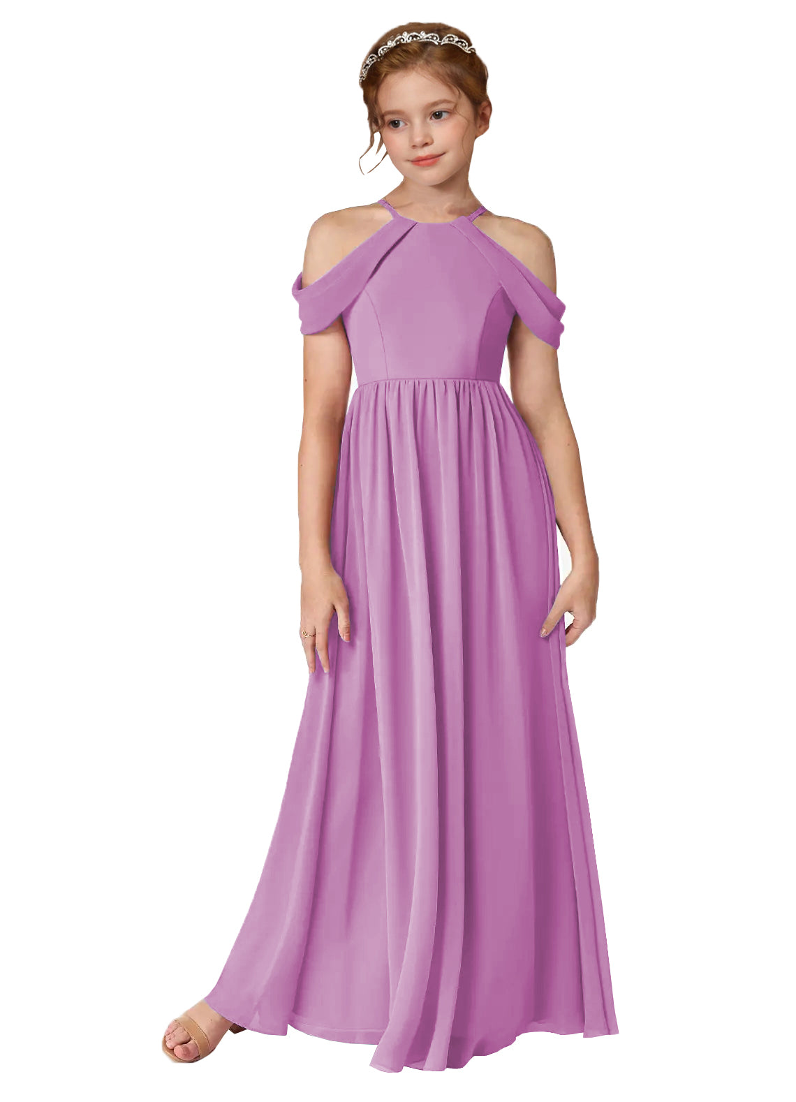 Lilac girls' off-the-shoulder chiffon junior bridesmaid dress for weddings