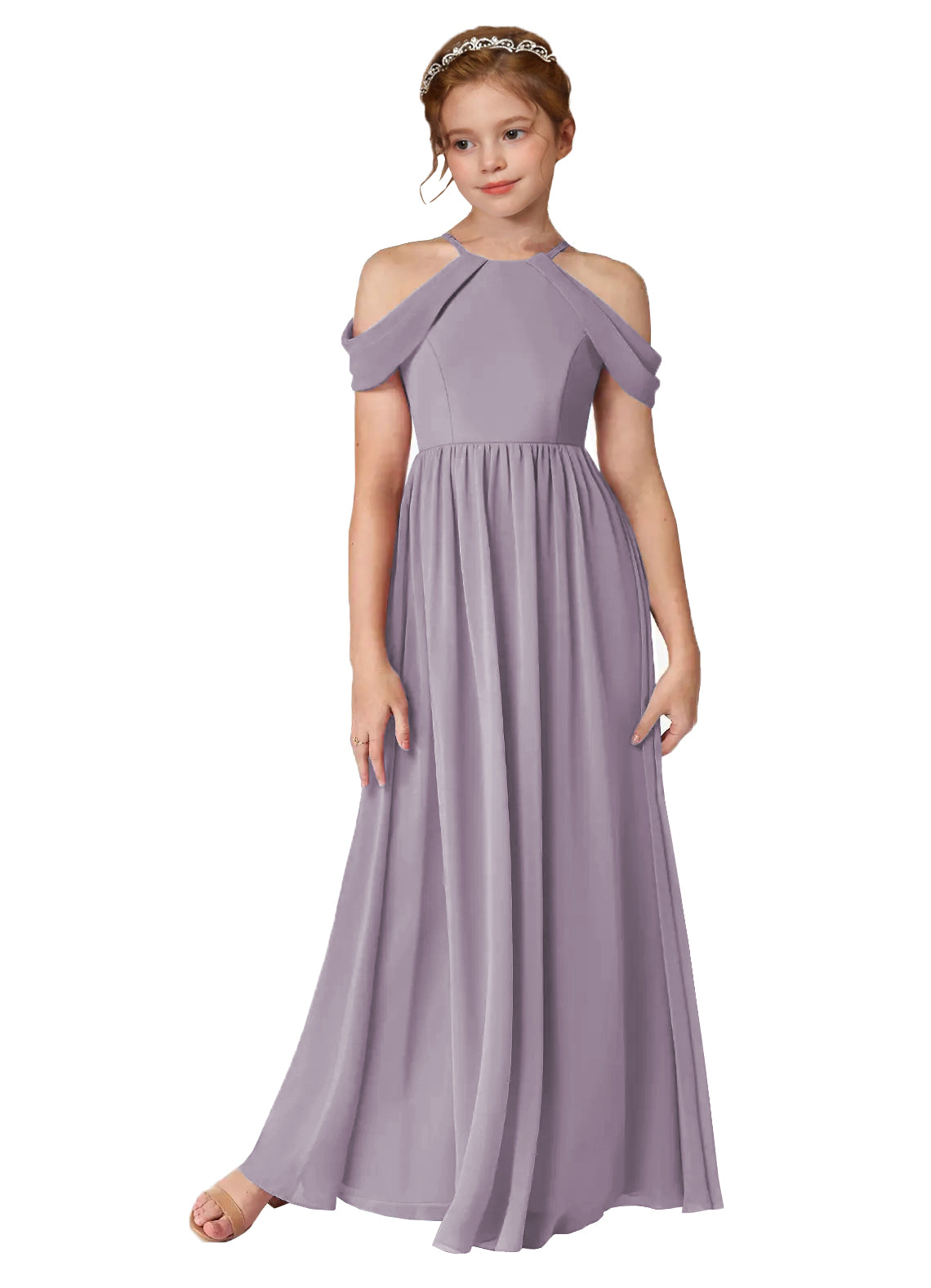 Girls' Off-the-Shoulder Chiffon Floor-Length Junior Bridesmaid Dress #BRI10002