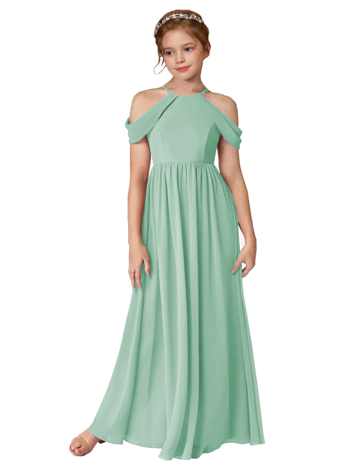 Mint Green girls' off-the-shoulder chiffon junior bridesmaid dress for weddings