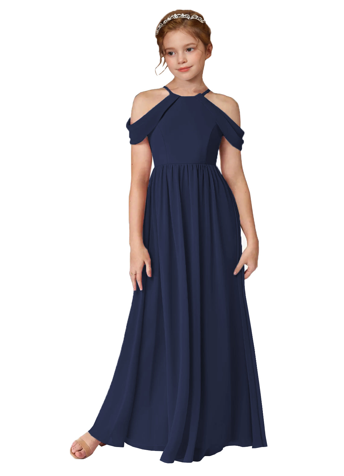 Navy girls' off-the-shoulder chiffon junior bridesmaid dress for weddings