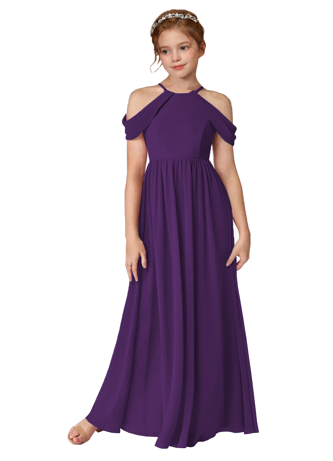 Purple girls' off-the-shoulder chiffon junior bridesmaid dress for weddings