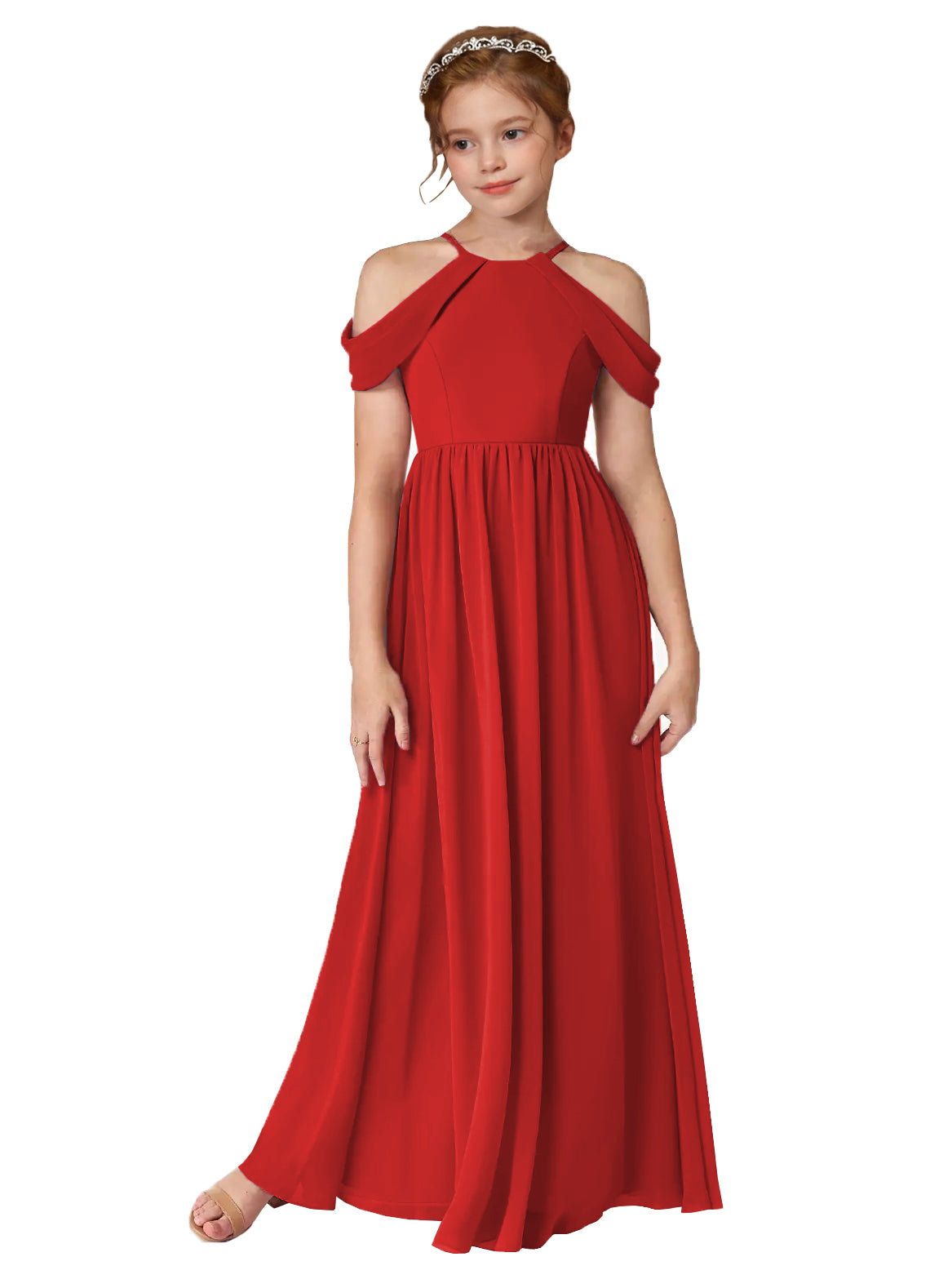 Red girls' off-the-shoulder chiffon junior bridesmaid dress for weddings