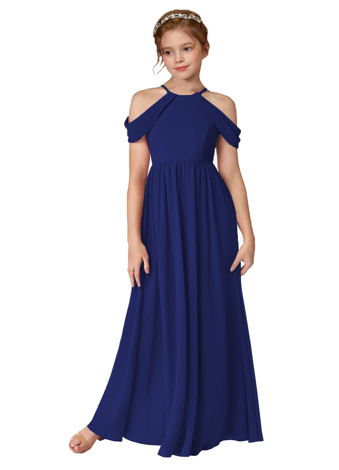 Royal Blue girls' off-the-shoulder chiffon junior bridesmaid dress for weddings