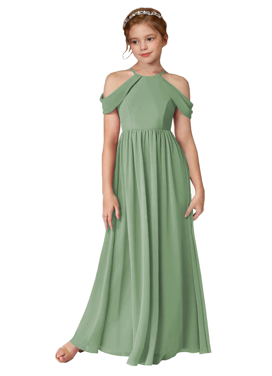 Sage girls' off-the-shoulder chiffon junior bridesmaid dress, full-length front view on white background