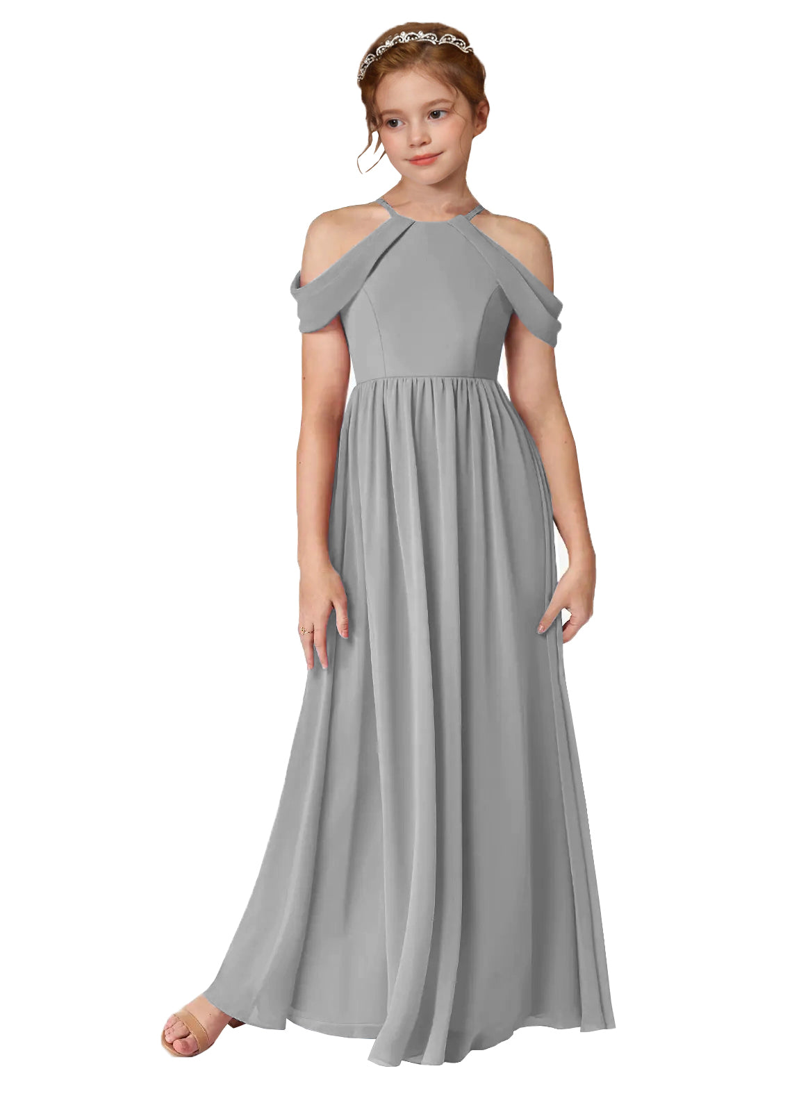 Silver girls' off-the-shoulder chiffon junior bridesmaid dress for weddings
