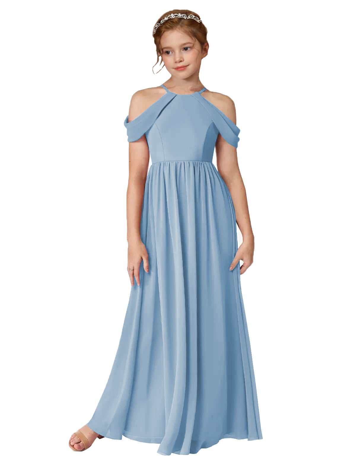 Sky Blue girls' off-the-shoulder chiffon junior bridesmaid dress for weddings