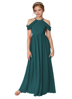 Teal girls' off-the-shoulder chiffon junior bridesmaid dress for weddings