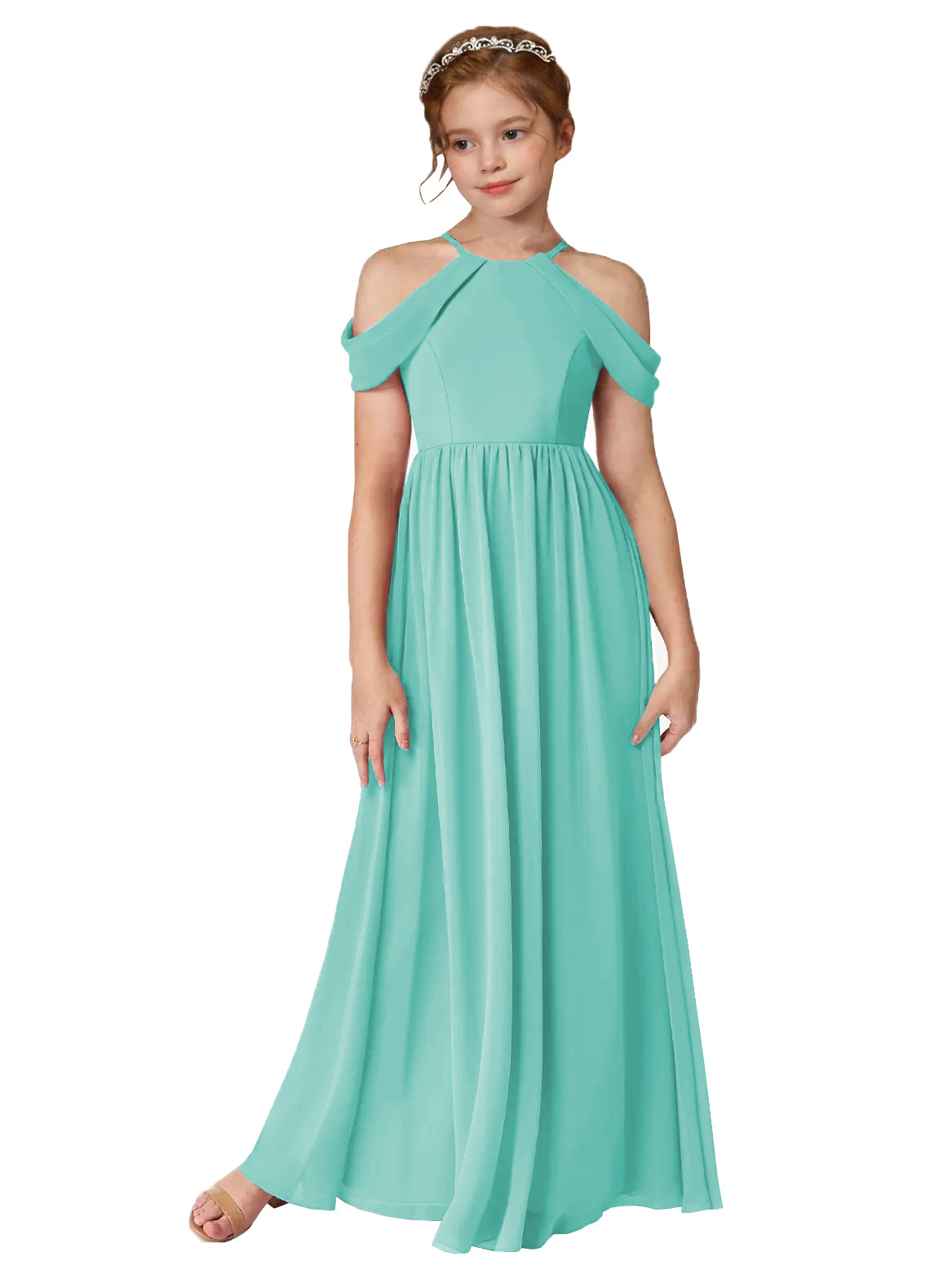 Turquoise girls' off-the-shoulder chiffon junior bridesmaid dress for weddings