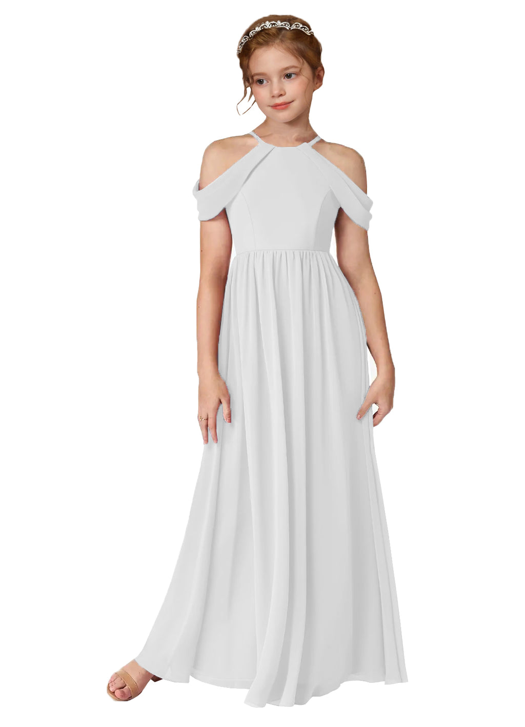 White girls' off-the-shoulder chiffon junior bridesmaid dress for weddings