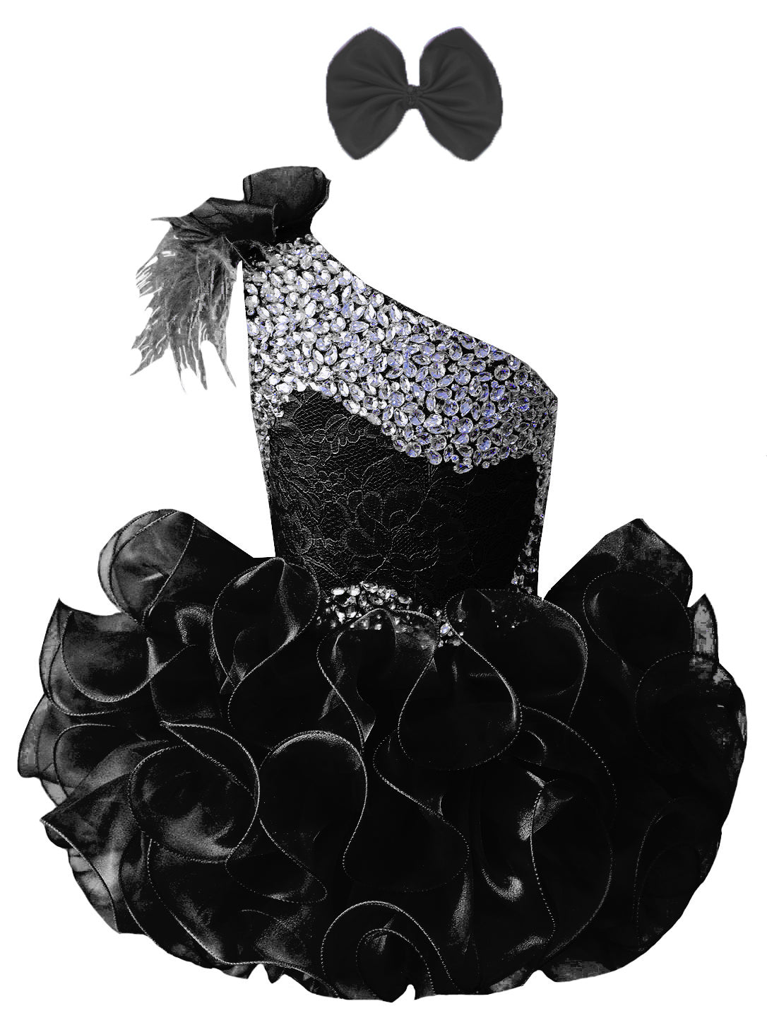 GIRWEM GRCP10003 Black one-shoulder organza ruffle cupcake pageant dress